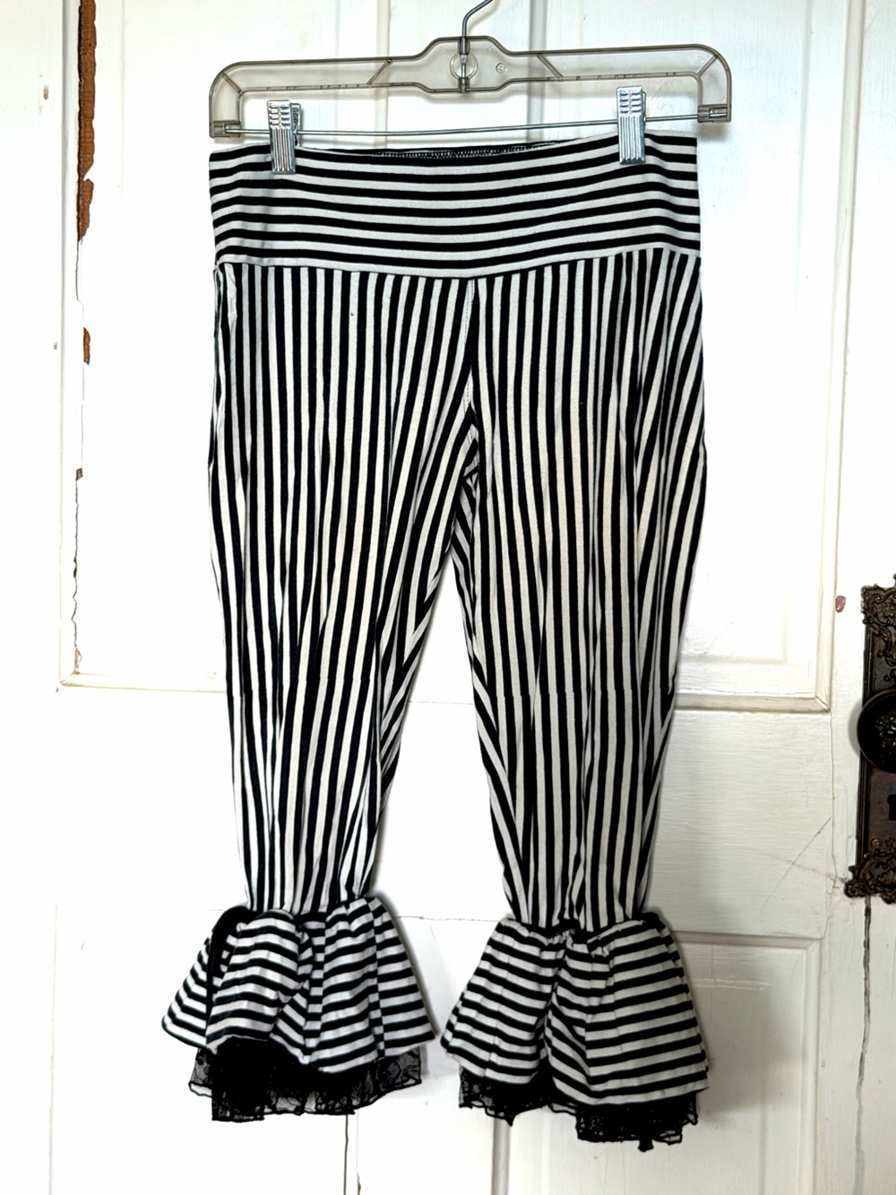 Eleven44 Black White Striped Ruffle Bell Pants Lace Whimsigoth Gothic Size L
